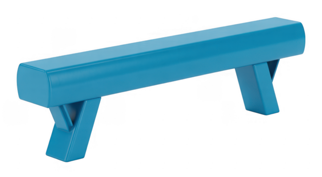 Bright blue gymnastics balance beam with angled supports isolated on a transparent background