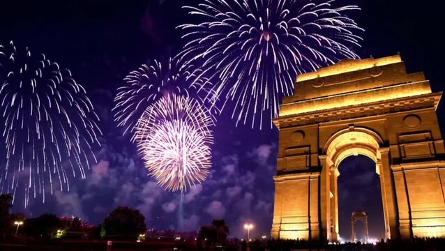  Fireworks over India Gate at night, slow shutter trail effects
