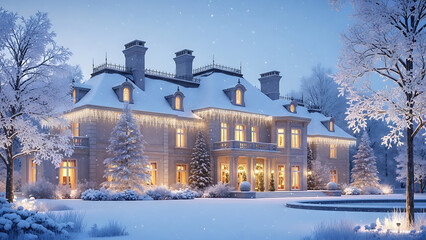 Opulent winter mansion bathed in warm festive lights amidst a pristine snowy landscape, creating a serene and enchanting holiday atmosphere