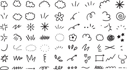 Collection of hand-drawn doodles including arrows, clouds, and stars. Simple, playful designs in black on a white background. Ideal for creative projects black and white vector art
