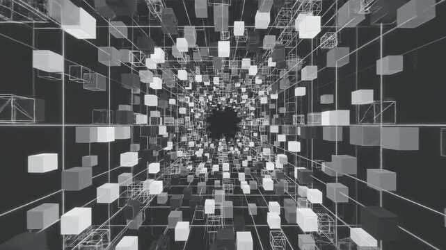 Seamless loop of rotating geometric shapes forming an endless expanding white and gray grid pattern ideal for technical backgrounds clean, rotatinggeometricshapes, energy