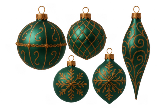 Green and gold christmas ornaments set with transparent background - Powered by Adobe