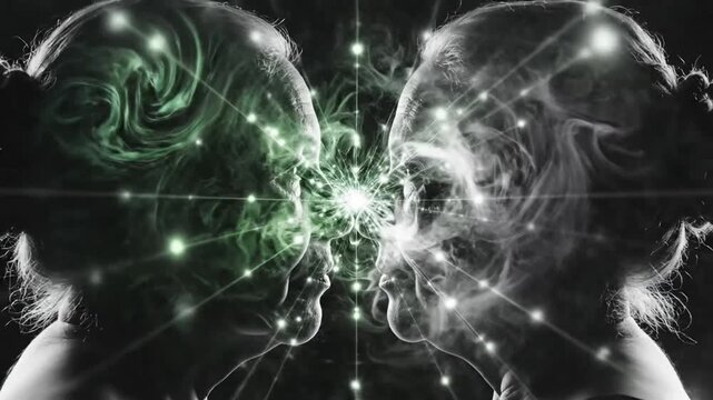 Dual minds sharing consciousness glowing insight