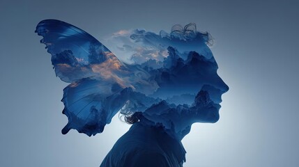 Alzheimer awareness shown through butterfly silhouette concept. A creative double exposure of a person and a butterfly silhouette.