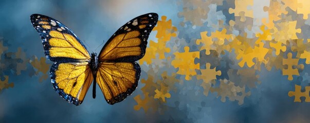 Alzheimer awareness shown through butterfly silhouette concept. A vibrant butterfly resting against a dreamy puzzle background.