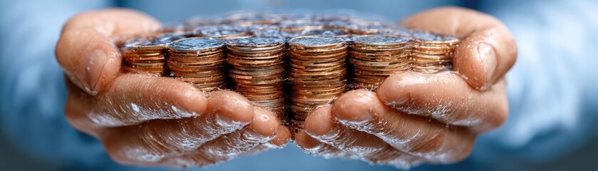 Hands forming barrier over coins for investment security concept. Person holding a pile of coins, symbolizing savings and wealth.