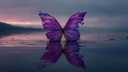 Alzheimer awareness shown through butterfly silhouette concept. A stunning purple butterfly resting on calm water at sunset.