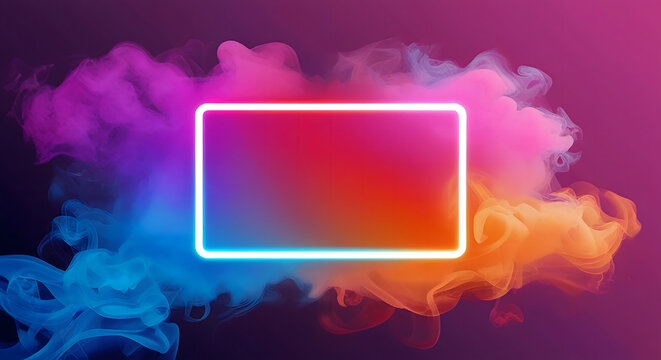 Futuristic glow neon gradient frame rectangle social smoke media template haze mist pink blue red orange purple design element transparent light vector banner background.