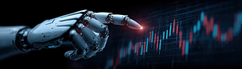 Robot hand analyzing stock market chart glowing fingertip concept. Futuristic robotic hand interacting with financial data visualizations.