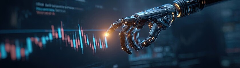 Robot hand analyzing stock market chart glowing fingertip concept. Futuristic robotic hand interacting with digital data display.