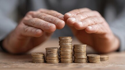 Hands forming barrier over coins for investment security concept. Protecting stacked coins with hands symbolizes financial security.
