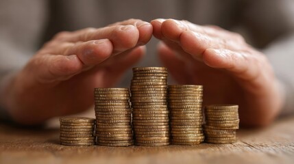 Hands forming barrier over coins for investment security concept. Protecting wealth with stacked coins under cautious hands.