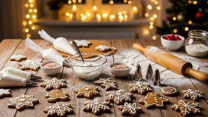 Joyful holiday baking scene featuring freshly decorated gingerbread cookies with intricate icing designs and sprinkles on a rustic wooden table, embodying the festive spirit