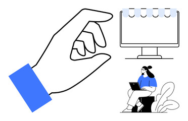 Digital interaction concept. Digital interaction illustrated using hand gestures, computer screens, and a person working on a laptop. Digital interaction for education, business, creativity