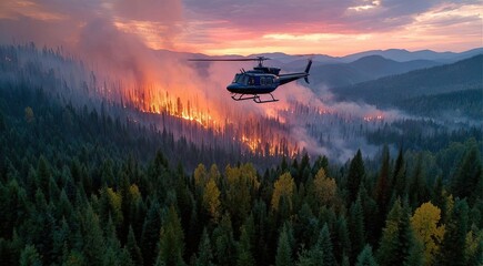 Helicopter hovers amid intense wildfire flames concept. Helicopter battling forest fire at sunset over dense pine forest.