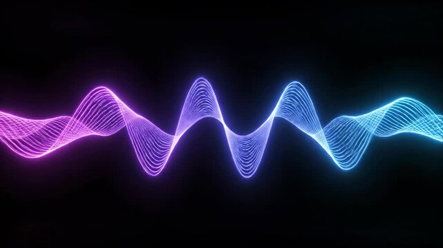 Seamless loop of smooth flowing digital sine wave patterns vibrating across a deep black background frequency, deep, electronic