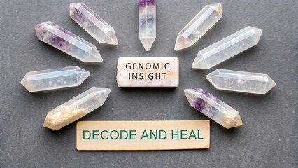 Collection of Crystals with Text 'Genomic Insight' and 'Decode and Heal' on Dark Background for Wellness and Healing Themes