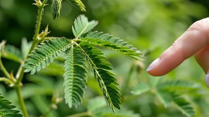 Sensitive Plant Mimosa Pudica Reacting to Touch A CloseUp of Leaf Folding and Movement in a Natural Environment Demonstrating Plant Behavior and Sensitivity.