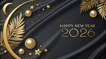 Happy new year 2026 elegant banner featuring golden palm leaves, sparkling spheres, and festive stars on luxurious black fabric.