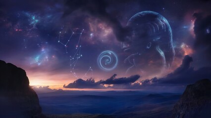 Cosmic Fantasy Sky with Constellations and Mystical Astral Silhouettes