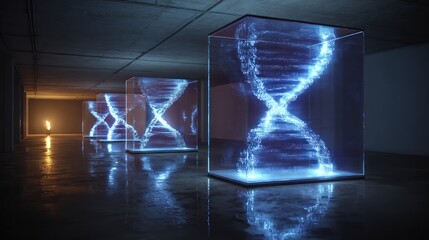 Futuristic DNA Strand Displays in a Lit Room, Science and Technology Visualization