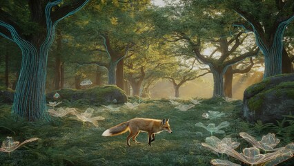 Enchanted Forest Scene with Fox and Magical Nature Elements