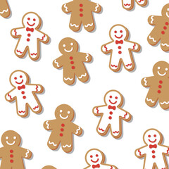 Festive Christmas seamless pattern with gingerbread cookies scattered over a white background, ideal for holiday designs.