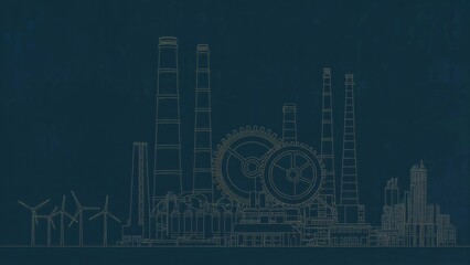 Industrial Blueprint Illustration with Mechanical Gears and Energy Structures