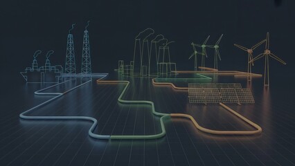 Futuristic Energy Network Concept with Oil, Wind, and Solar Power Systems