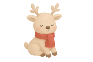 Cute watercolor reindeer wearing red scarf sitting on transparent background