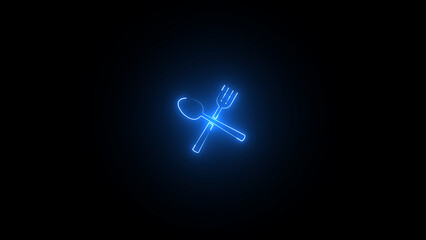 Neon effect spoon and fork icon on the black background.