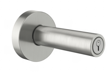 Brushed metal door handle with keyhole detail on black background isolated on a transparent background