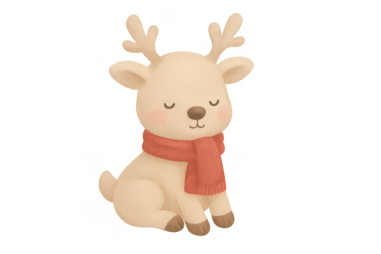 Cute watercolor reindeer wearing red scarf sitting on transparent background