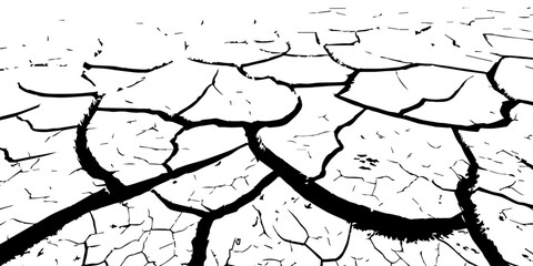 Dry, cracked earth texture with bold contrast and detailed fissures, depicting drought and climate change. High-resolution abstract background perfect for environmental, natural, and conceptual design