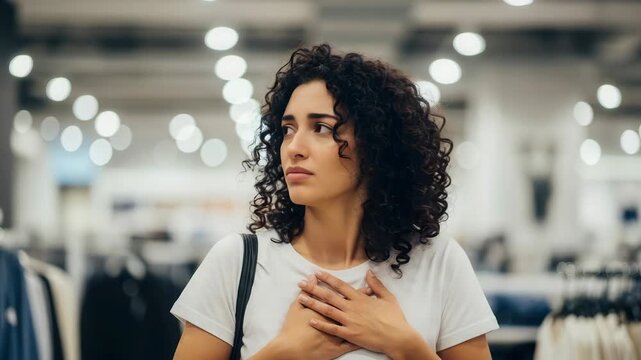 Woman in clothing store looking scared.