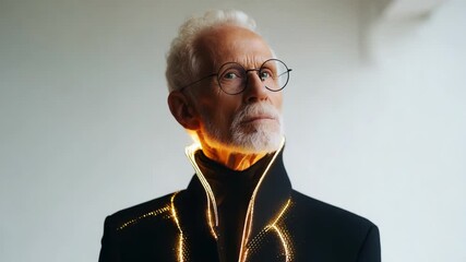 A distinguished elder exudes sophistication and grace, highlighted by an illuminated collar that adds a modern touch to classical elegance, showcasing unique style and poise.