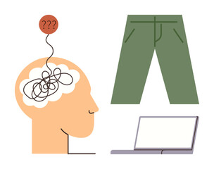 Tangled thoughts in human head, green pants, and laptop exploring decision-making, problem-solving. Ideal for mental clarity, confusion, productivity, work-life balance, abstract thinking creative