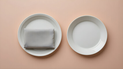 Minimalist food scene with two white plates on peach surface, one holding a wrapped item, evoking contrast and simplicity.