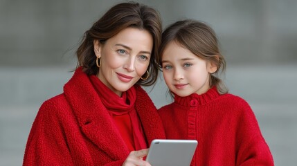 Two Women in Red Sweaters Engaged in a Digital Conversation while Exploring Options on a Tablet Together