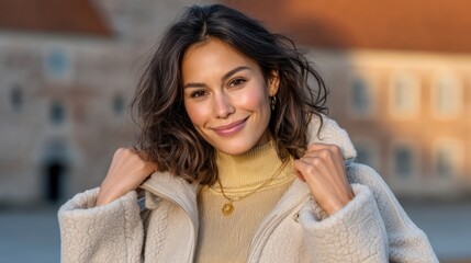 A Stylish Woman in a Beige Coat Poses With Confidence in Front of an Old Brick Building Creating a Minimalist Professional Vibe