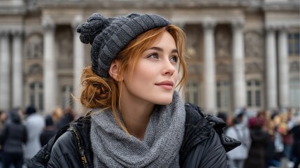 Elegant Woman in Gray Scarf Posing Gracefully Near Cathedral Square in a Minimal Loft Setting with Professional Undertones