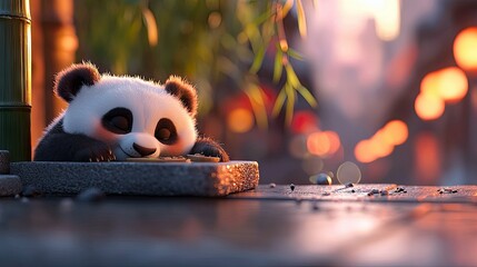 A cute panda rests its head on a stone surface, with a blurred city background and warm sunset lighting.