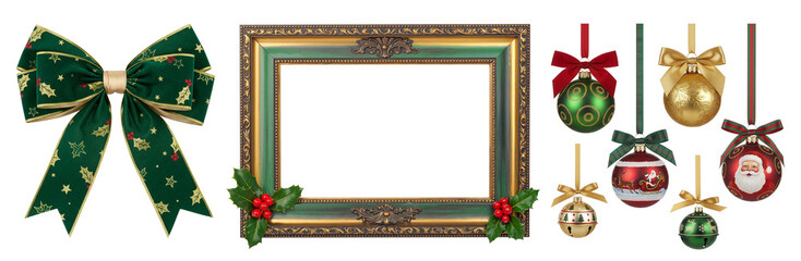 Christmas Ornament Set with Green Bow, Vintage Frame and Holiday Baubles on Transparent Background