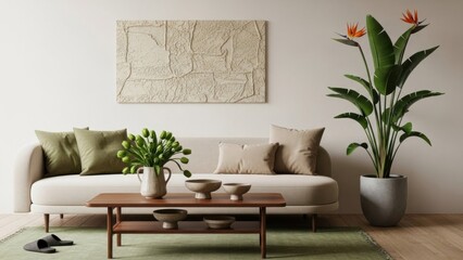 Earthy Minimalist Living Room with Greenery