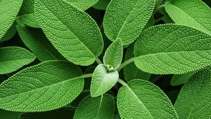 Close-up of fresh green sage leaves, showing their texture and arrangement.
