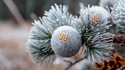 Close-up of a pine branch covered in frost, with decorative ornaments displaying the number 90, set against a blurred winter background.