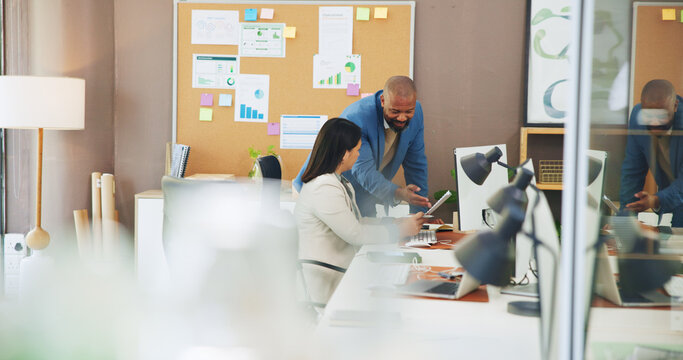 Computer, document and business team with advice in office for revenue growth, KPI and forecasting. Financial analyst, people and folder with graphs for investment decision and stocks report insight