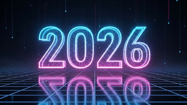 Futuristic New Year 2026 concept with vibrant blue and pink neon lights on a reflective digital grid background
