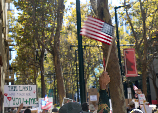 Hand waving Flag at No Kings protest