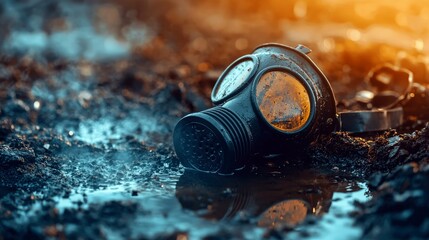 Close-up of a gas mask lying in muddy water, with a dramatic, warm light illuminating the scene, suggesting a post-apocalyptic or environmental disaster setting